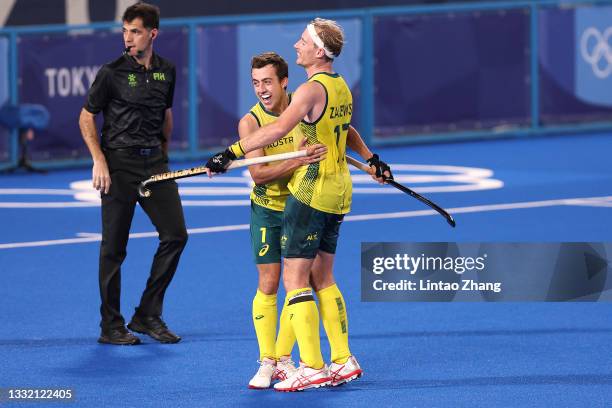 Lachlan Thomas Sharp of Team Australia celebrates with teammate Aran Zalewski after scoring their team's third goal during the Men's Semifinal match...