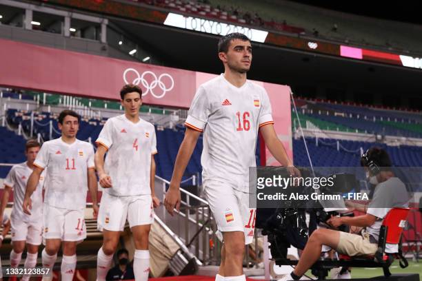 Pedri Gonzalez of Team Spain takes to the field prior to the Men's Football Semi-final match between Japan and Spain on day eleven of the Tokyo 2020...