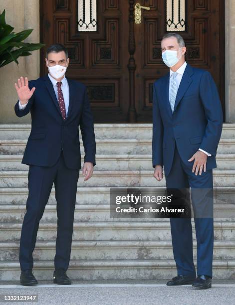 King Felipe VI of Spain receives Prime Minister Pedro Sanchez at the Marivent Palace on August 03, 2021 in Palma de Mallorca, Spain.