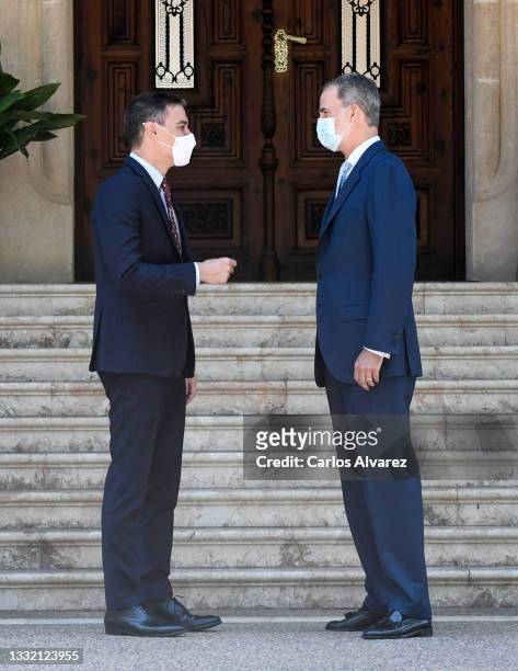 King Felipe VI of Spain receives Prime Minister Pedro Sanchez at the Marivent Palace on August 03, 2021 in Palma de Mallorca, Spain.