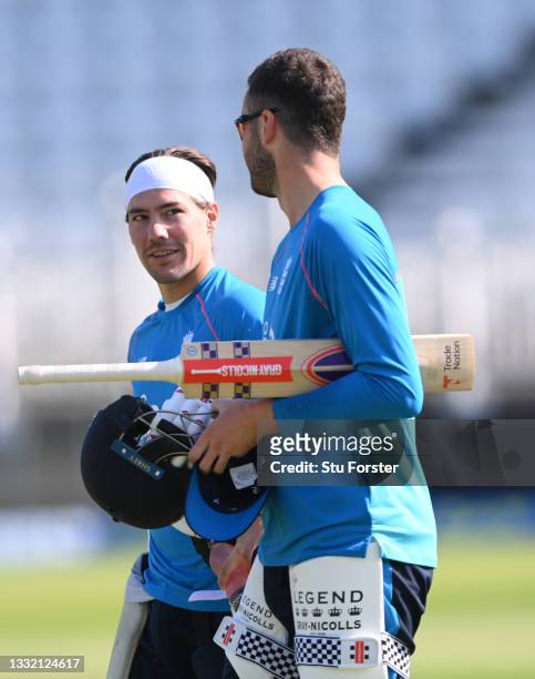 England opening batsmen Rory Burns and Dom Sibley chatting during England nets ahead of the First Test match against India at Trent Bridge on August...