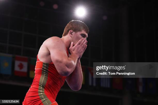 Musa Evloev of Team ROC celebrates defeating Armen Melikyan of Team Armenia during the Men's Greco-Roman 97kg Gold Medal Match on day eleven of the...