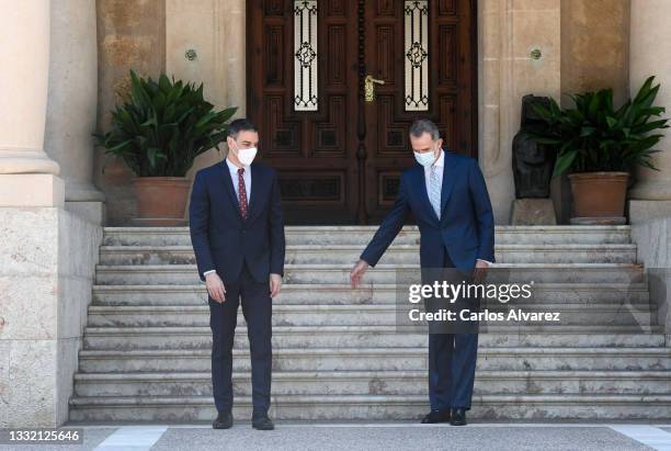 King Felipe VI of Spain receives Prime Minister Pedro Sanchez at the Marivent Palace on August 03, 2021 in Palma de Mallorca, Spain.