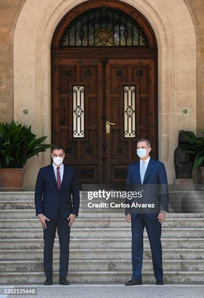 King Felipe VI of Spain receives Prime Minister Pedro Sanchez at the Marivent Palace on August 03, 2021 in Palma de Mallorca, Spain.