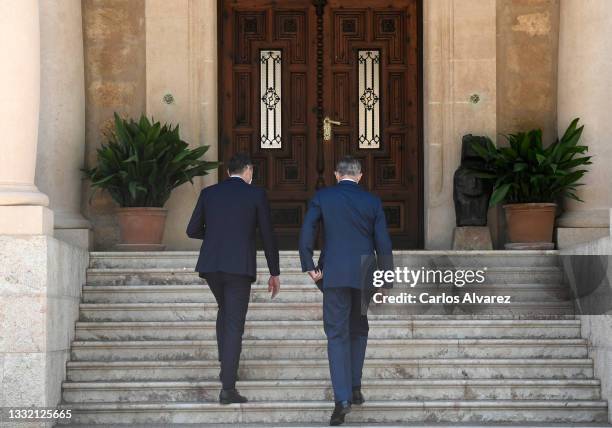 King Felipe VI of Spain receives Prime Minister Pedro Sanchez at the Marivent Palace on August 03, 2021 in Palma de Mallorca, Spain.