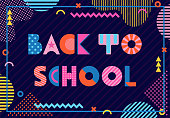 Back to school. Trendy geometric font in style of 80s-90s. Inscription and abstract geometric shapes on dark blue background