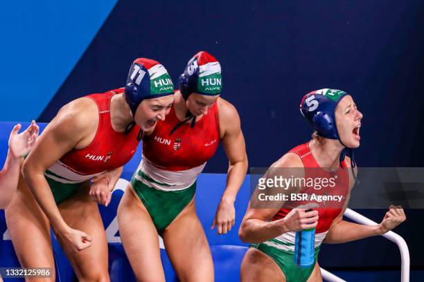 Natasa Rybanska, Vanda Valyi of Hungary, Gabriella Szucs of Hungary during the Tokyo 2020 Olympic Waterpolo Tournament women's quarterfinal match...