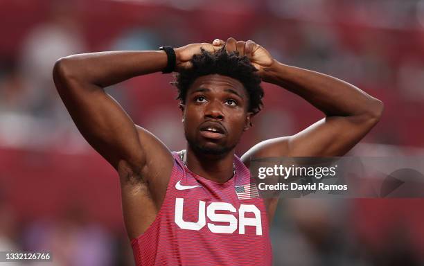 Noah Lyles of Team United States reacts after competing in the Men's 200m Semi Final on day eleven of the Tokyo 2020 Olympic Games at Olympic Stadium...