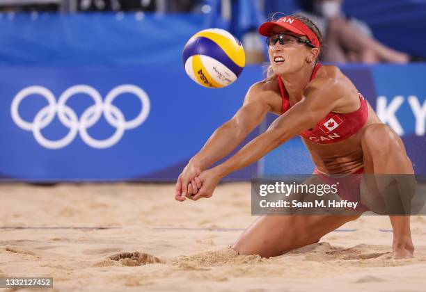 Heather Bansley of Team Canada competes against Team Latvia during the Women's Quarterfinal beach volleyball on day eleven of the Tokyo 2020 Olympic...