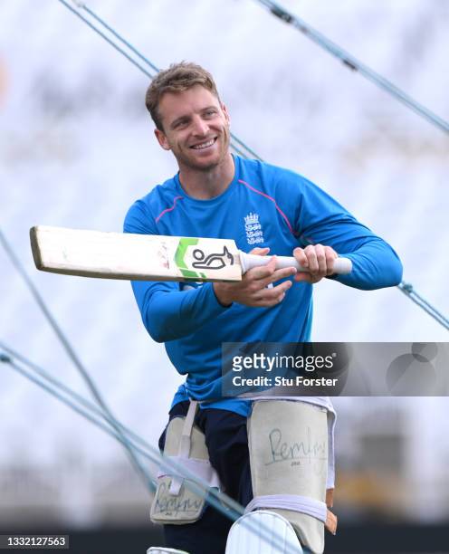 England players Jos Buttler smiles during England nets ahead of the First Test match against India at Trent Bridge on August 03, 2021 in Nottingham,...