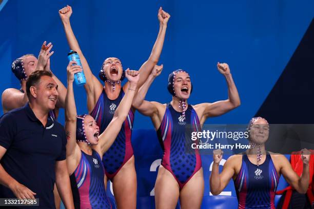 Team ROC players celebrate during the Women's Quarterfinal match between Australia and Team ROC on day eleven of the Tokyo 2020 Olympic Games at...