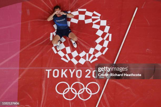 Renaud Lavillenie of Team France competes in the Men's Pole Vault Final on day eleven of the Tokyo 2020 Olympic Games at Olympic Stadium on August...