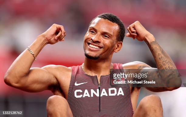 Andre De Grasse of Team Canada reacts after finishing first in the Men's 200m Semi Final on day eleven of the Tokyo 2020 Olympic Games at Olympic...