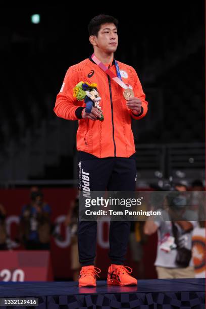 Bronze medalist Shohei Yabiku of Team Japan poses with the bronze medal during the Men's Greco-Roman 77kg medal ceremony on day eleven of the Tokyo...