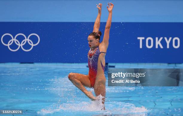 Kate Shortman and Isabelle Thorpe of Team Great Britain compete in the Artistic Swimming Duet Technical Routine on day eleven of the Tokyo 2020...