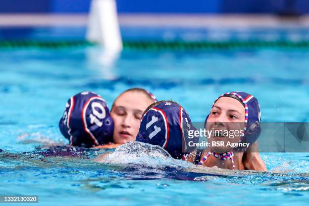 Evgeniya Soboleva of ROC, Evgeniya Ivanova of ROC, Elvina Karimova of ROC during the Tokyo 2020 Olympic Waterpolo Tournament women's quarterfinal...