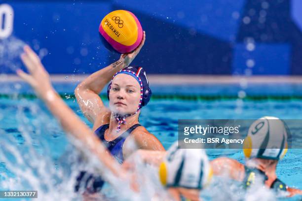Evgeniya Ivanova of ROC during the Tokyo 2020 Olympic Waterpolo Tournament women's quarterfinal match between Australia and ROC at Tatsumi Waterpolo...