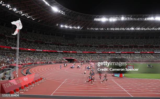 General view inside the stadium as Athletes compete in the Men's 200m Semi Final on day eleven of the Tokyo 2020 Olympic Games at Olympic Stadium on...