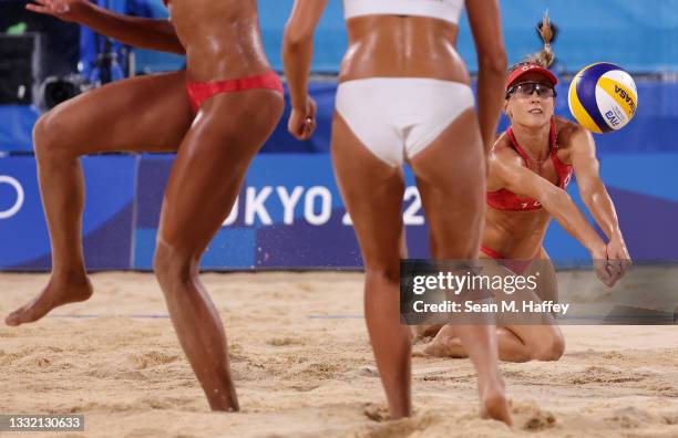 Heather Bansley of Team Canada competes against Team Latvia during the Women's Quarterfinal beach volleyball on day eleven of the Tokyo 2020 Olympic...