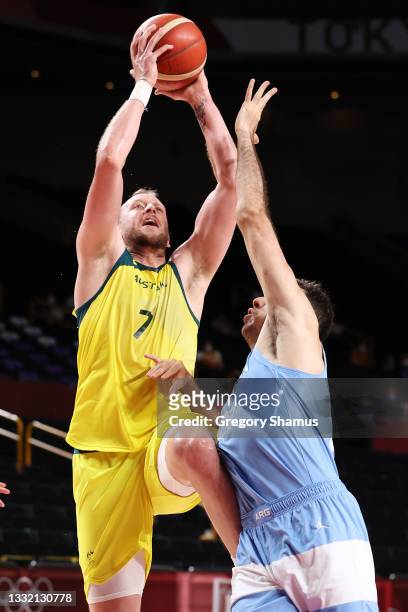 Joe Ingles of Team Australia drives to the basket against Juan Pablo Vaulet of Team Argentina during the first half of a Men's Basketball...