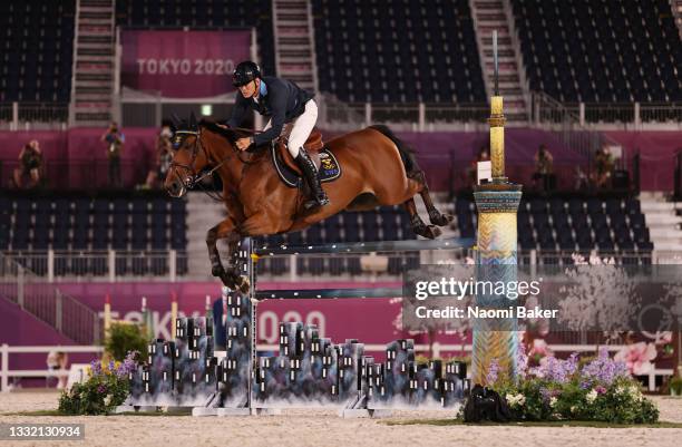 Peder Fredricson of Team Sweden riding All In competes during the Jumping Individual Qualifier on day eleven of the Tokyo 2020 Olympic Games at...