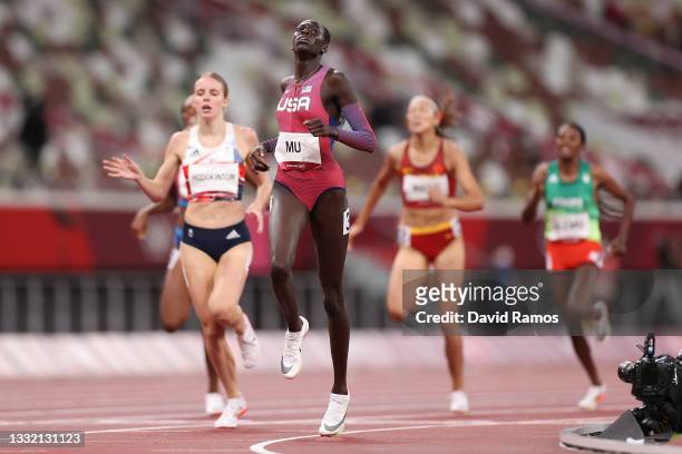 Athing Mu of Team United States reacts after winning the gold medal in the Women's 800m Final on day eleven of the Tokyo 2020 Olympic Games at...