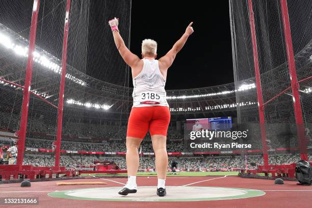 Anita Wlodarczyk of Team Poland competes in the Women's Hammer Throw Final on day eleven of the Tokyo 2020 Olympic Games at Olympic Stadium on August...