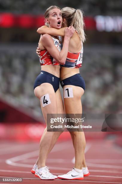 Keely Hodgkinson of Team Great Britain reacts with teammate Alexandra Bell as she wins the silver medal in the Women's 800m Final on day eleven of...