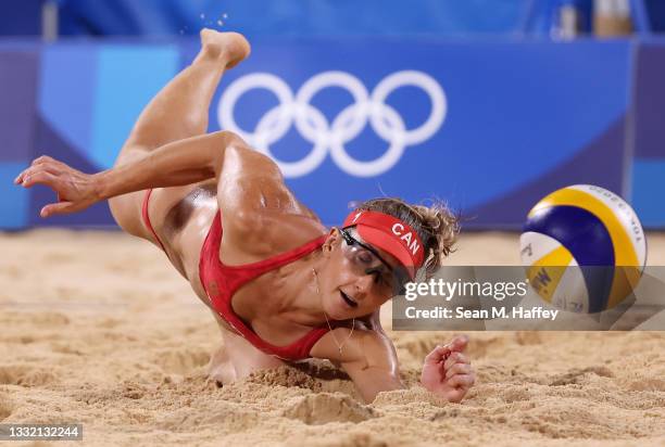 Heather Bansley of Team Canada competes against Team Latvia during the Women's Quarterfinal beach volleyball on day eleven of the Tokyo 2020 Olympic...