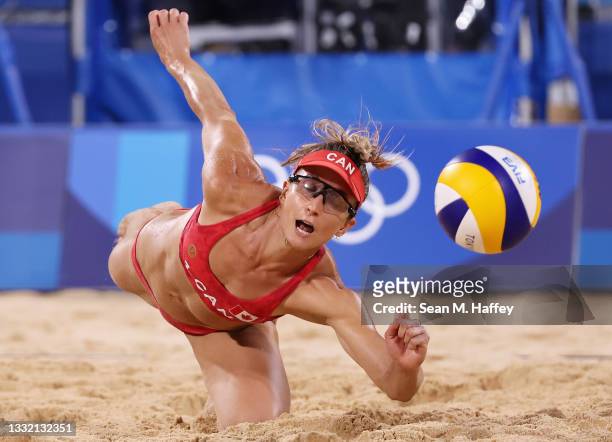 Heather Bansley of Team Canada competes against Team Latvia during the Women's Quarterfinal beach volleyball on day eleven of the Tokyo 2020 Olympic...