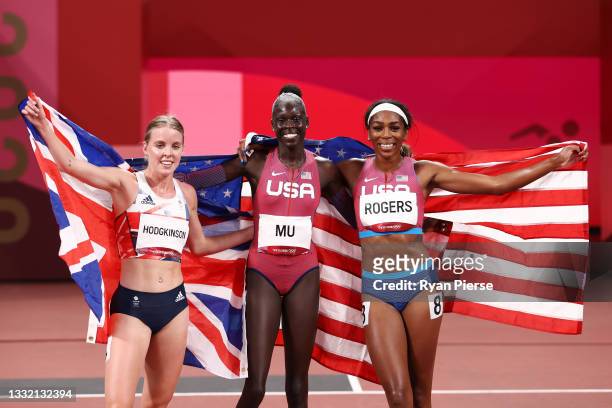 Silver medalist Keely Hodgkinson of Team Great Britain, gold medlaist Athing Mu of Team United States and bronze medalist Raevyn Rogers of Team...