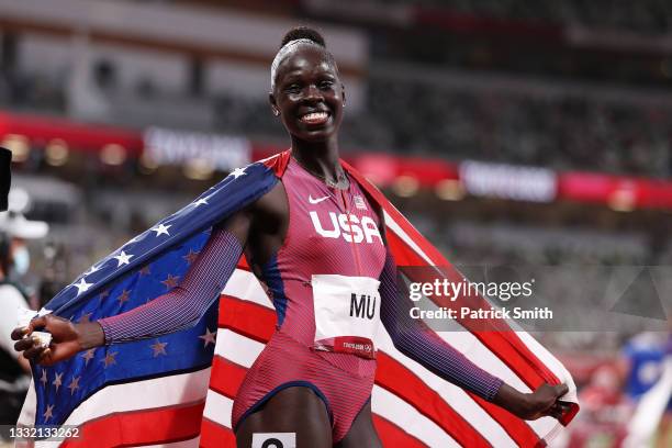 Athing Mu of Team United States reacts after winning the gold medal in the Women's 800m Final on day eleven of the Tokyo 2020 Olympic Games at...