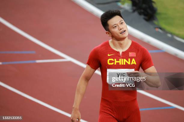 Zhenye Xie of Team China reacts after the Men's 200m Semi-Final on day eleven of the Tokyo 2020 Olympic Games at Olympic Stadium on August 03, 2021...