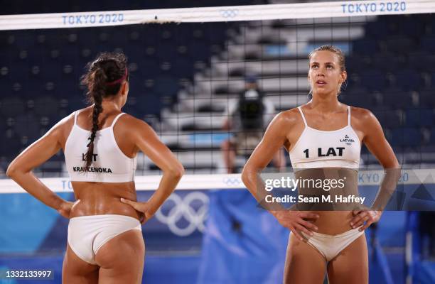 Tina Graudina and Anastasija Kravcenoka of Team Latvia react as they compete against Team Canada during the Women's Quarterfinal beach volleyball on...