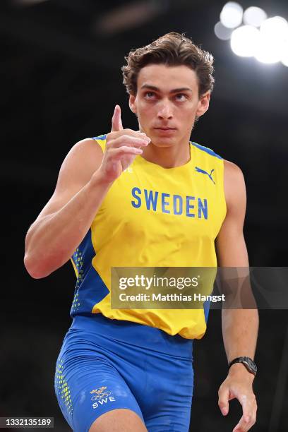 Armand Duplantis of Team Sweden reacts during the Men's Pole Vault Final on day eleven of the Tokyo 2020 Olympic Games at Olympic Stadium on August...