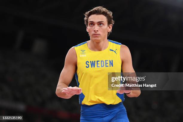 Armand Duplantis of Team Sweden reacts during the Men's Pole Vault Final on day eleven of the Tokyo 2020 Olympic Games at Olympic Stadium on August...