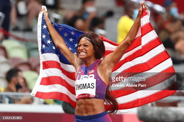 Gabrielle Thomas of Team United States celebrates after winning bronze in the Women's 200m final on day eleven of the Tokyo 2020 Olympic Games at...