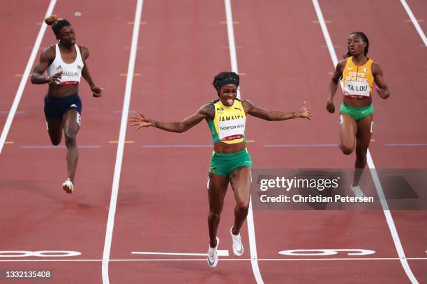 Elaine Thompson-Herah of Team Jamaica wins the gold medal in the Women's 200m Final on day eleven of the Tokyo 2020 Olympic Games at Olympic Stadium...