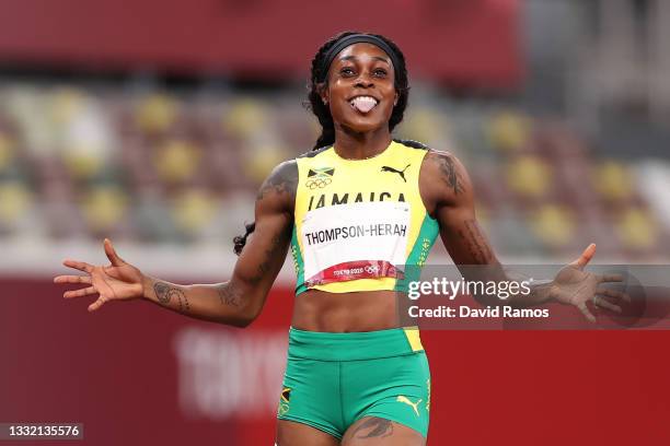 Elaine Thompson-Herah of Team Jamaica celebrates after winning the gold medal in the Women's 200m Final on day eleven of the Tokyo 2020 Olympic Games...