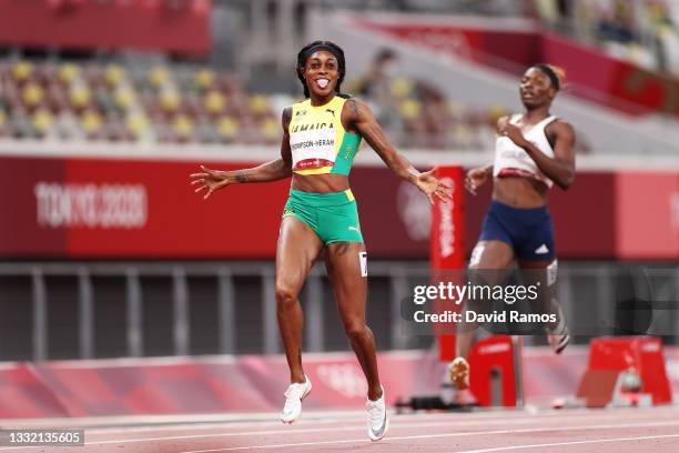 Elaine Thompson-Herah of Team Jamaica celebrates after winning the gold medal in the Women's 200m Final on day eleven of the Tokyo 2020 Olympic Games...