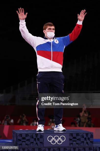 Gold medalist Musa Evloev of Team ROC poses with the gold medal during the Men's Greco-Roman 97kg medal ceremony on day eleven of the Tokyo 2020...