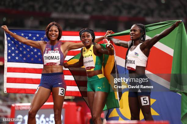 Bronze medal winner Gabrielle Thomas of Team United States, gold medal winner Elaine Thompson-Herah of Team Jamaica and silver medal winner Christine...