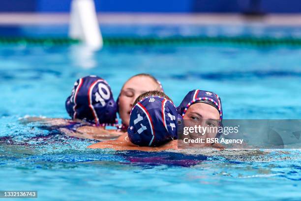 Evgeniya Soboleva of ROC, Evgeniya Ivanova of ROC, Elvina Karimova of ROC during the Tokyo 2020 Olympic Waterpolo Tournament women's quarterfinal...