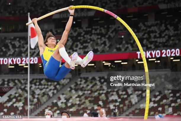 Armand Duplantis of Team Sweden competes in the Men's Pole Vault Final on day eleven of the Tokyo 2020 Olympic Games at Olympic Stadium on August 03,...