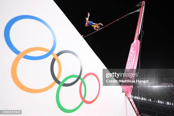 Armand Duplantis of Team Sweden competes in the Men's Pole Vault Final on day eleven of the Tokyo 2020 Olympic Games at Olympic Stadium on August 03,...