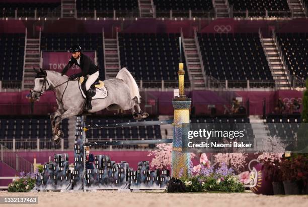 Daniel Meech of Team New Zealand riding Chinca 3 competes during the Jumping Individual Qualifier on day eleven of the Tokyo 2020 Olympic Games at...
