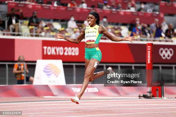 Elaine Thompson-Herah of Team Jamaica wins the gold medal in the Women's 200m Final on day eleven of the Tokyo 2020 Olympic Games at Olympic Stadium...