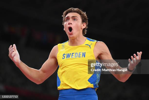 Armand Duplantis of Team Sweden celebrates after winning the gold medal in the Men's Pole Vault Final on day eleven of the Tokyo 2020 Olympic Games...