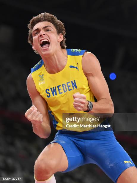 Armand Duplantis of Team Sweden celebrates after winning the gold medal in the Men's Pole Vault Final on day eleven of the Tokyo 2020 Olympic Games...