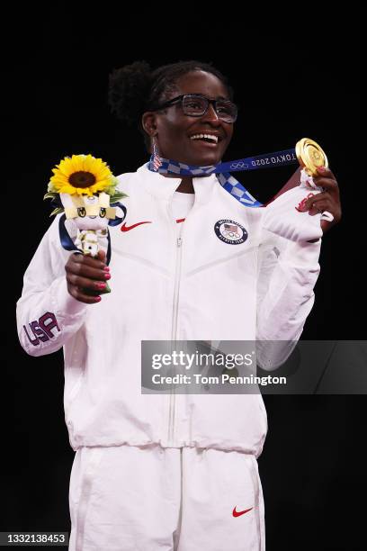 Gold medalist Tamyra Mariama Mensah-Stock of Team United States poses with the gold medal during the Women's Freestyle 68kg medal ceremony on day...
